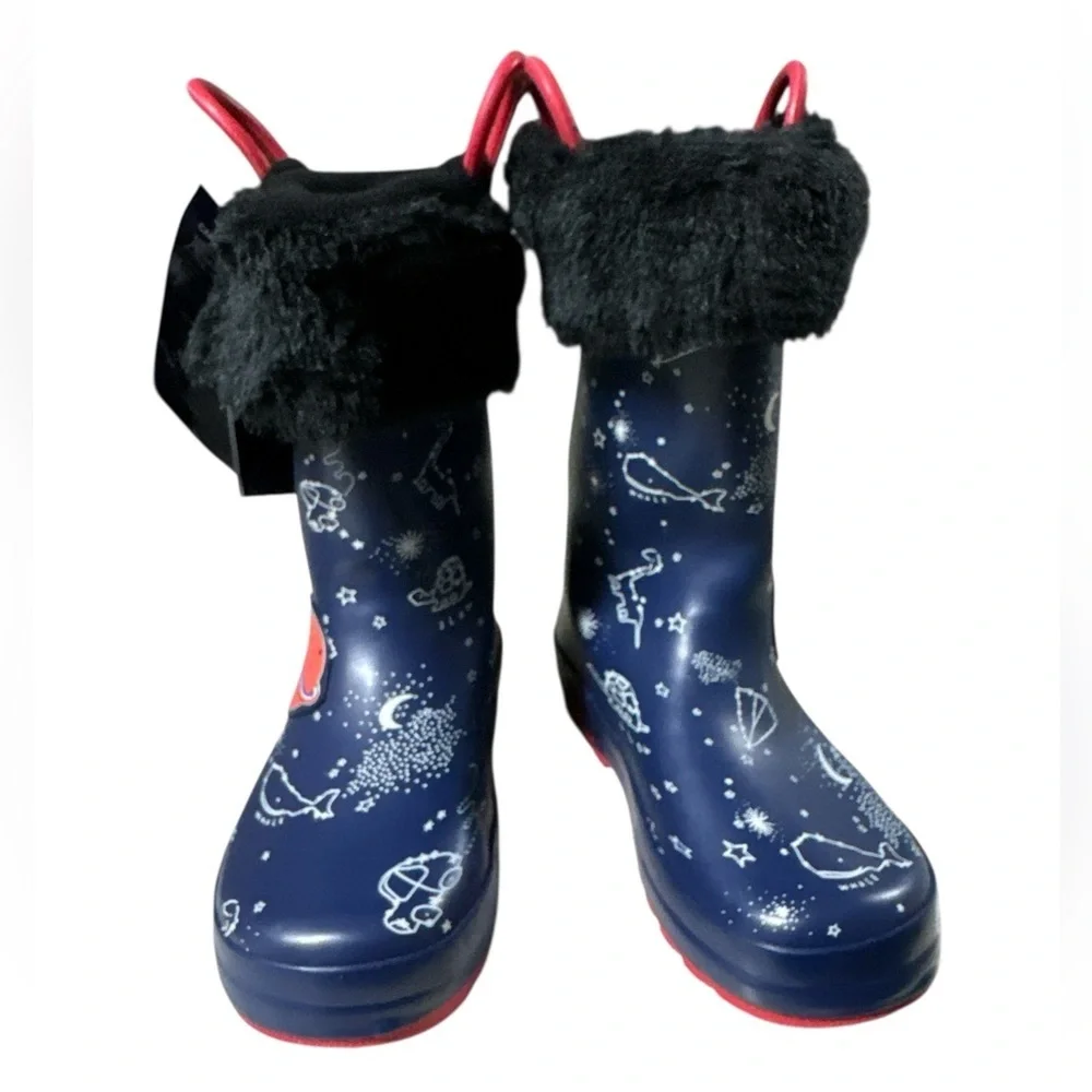NOVA Navy Space Rocket Rain Boots with Removable Fur Lining - Kids Size 13